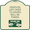 Signmission Vehicles Left Over 72 Hours Will Towed Tow-Away Zone Heavy-Gauge Alum Sign, 18" x 18", TG-1818-22739 A-DES-TG-1818-22739 - alternate 1